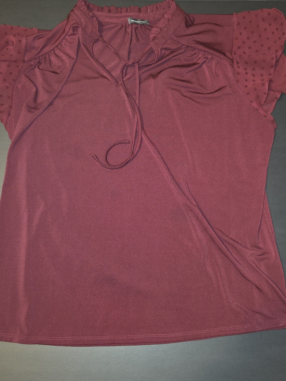 Adrianna Papell Burgundy Ruffled Flutter Sleeve Tie-Neck Blouse - Picture 2 of 6